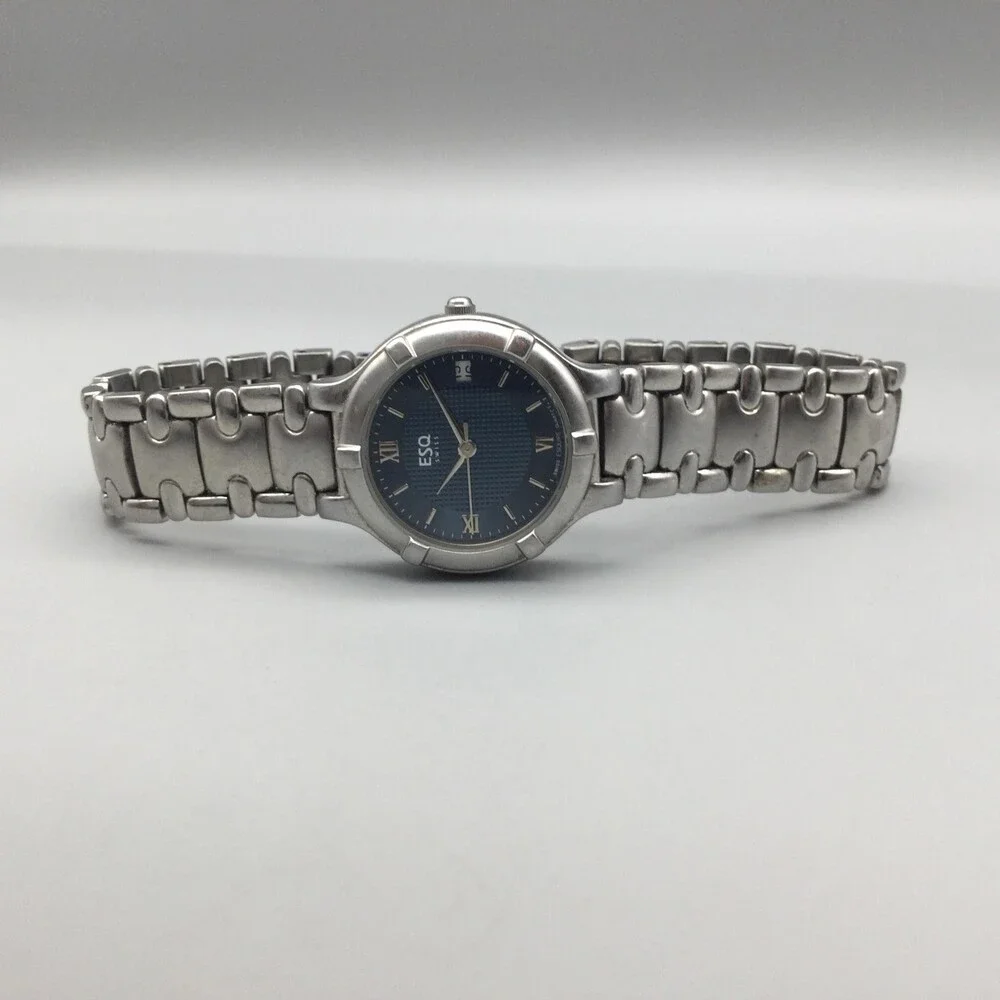 ESQ Movado Swiss Womens Watch 26mm Blue Dial Silver Tone Date New Battery 7.25